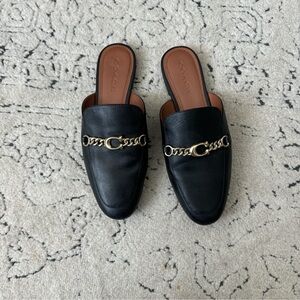 Coach Black and Gold Mules with Chain Detail